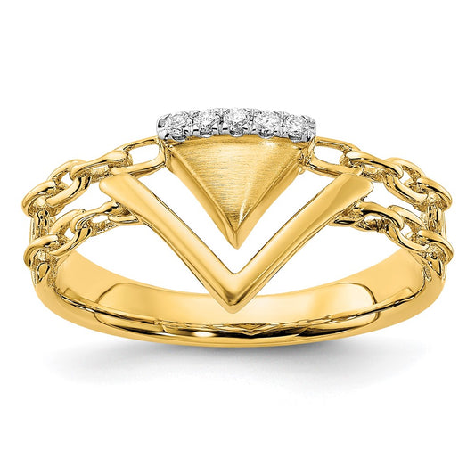 14K Yellow Gold Satin/Polished Real Diamond Double Triangle Chain Accent Ring