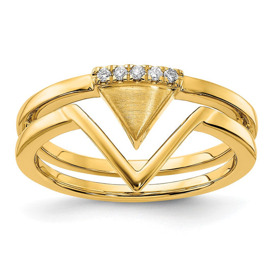14K Yellow Gold Satin and Polished Real Diamond Double Triangle Ring