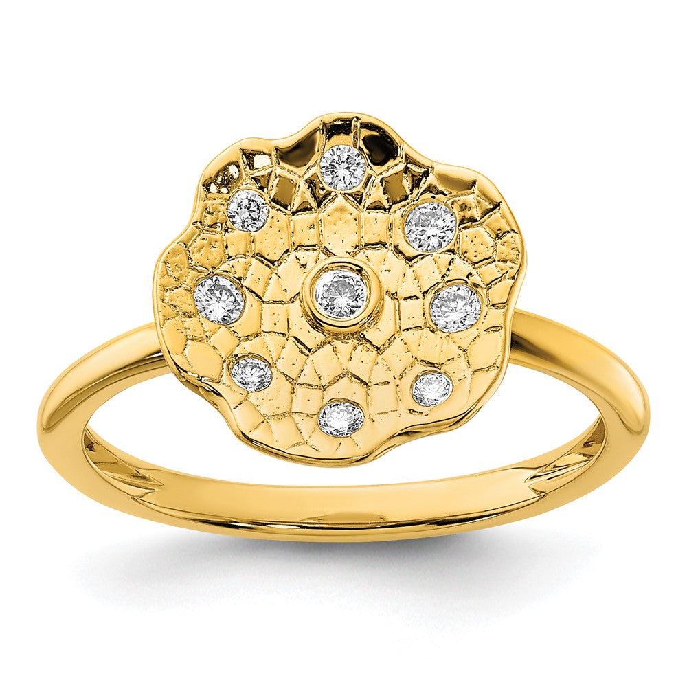 14K Yellow Gold Polished and Textured Real Diamond Circle Ring