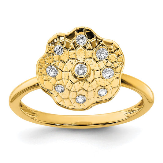 14K Yellow Gold Polished and Textured Real Diamond Circle Ring