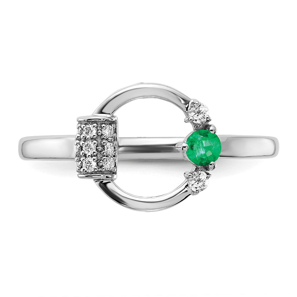14K White Gold Polished Real Diamond and Emerald Circle Ring