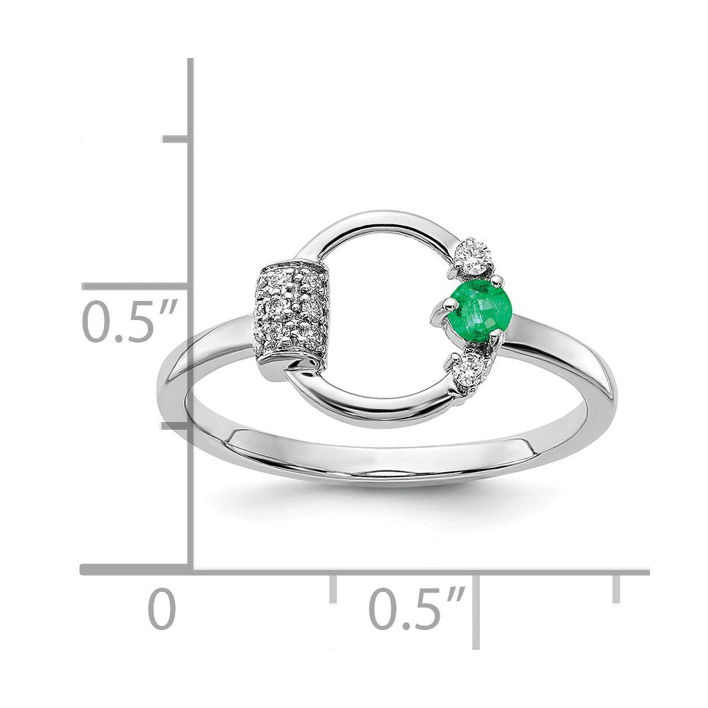 14K White Gold Polished Real Diamond and Emerald Circle Ring
