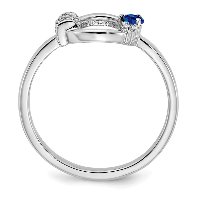 14K White Gold Polished Real Diamond and Blue Sapphire Circle Ring