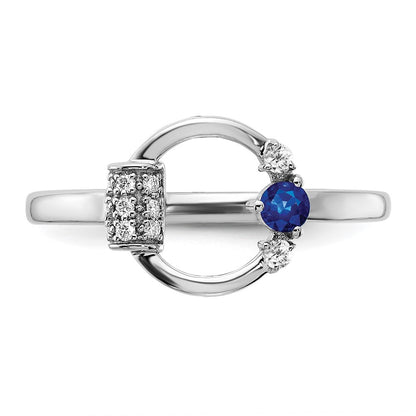 14K White Gold Polished Real Diamond and Blue Sapphire Circle Ring