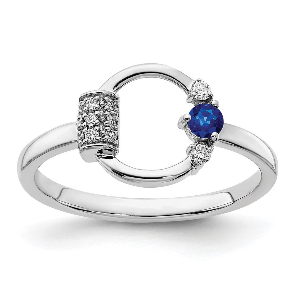 14K White Gold Polished Real Diamond and Blue Sapphire Circle Ring