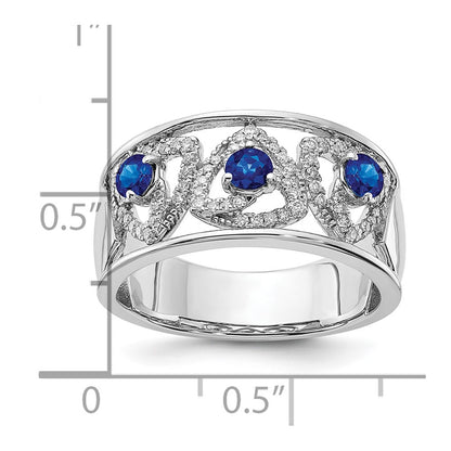 14k White Gold Real Diamond and Blue Sapphire Triangles Ring