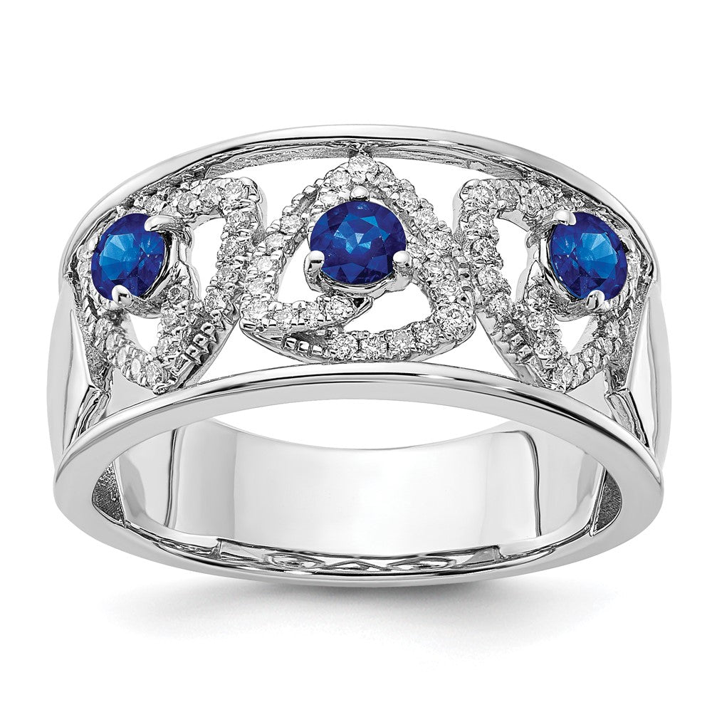 14k White Gold Real Diamond and Blue Sapphire Triangles Ring