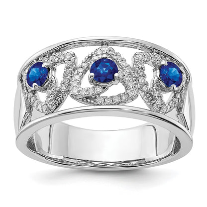 14k White Gold Real Diamond and Blue Sapphire Triangles Ring
