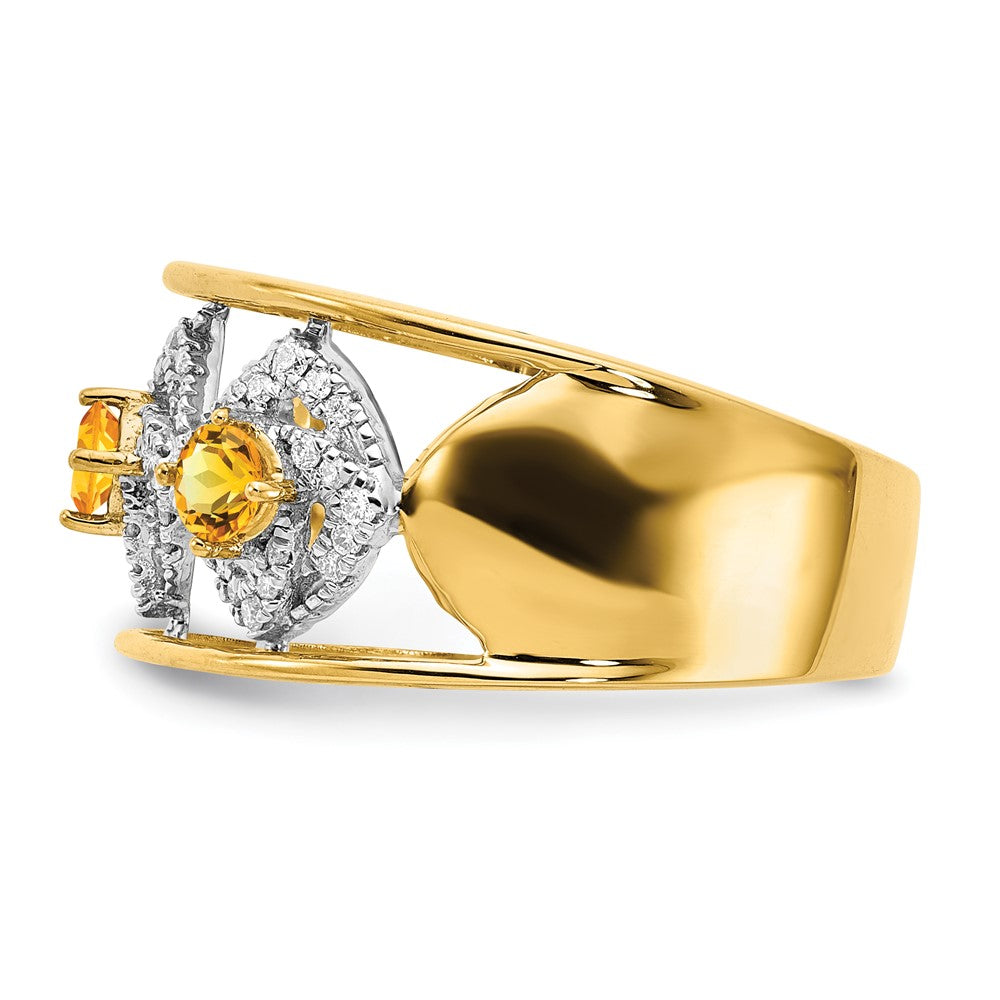 14K Yellow Gold Polished Real Diamond and Citrine Squares Ring