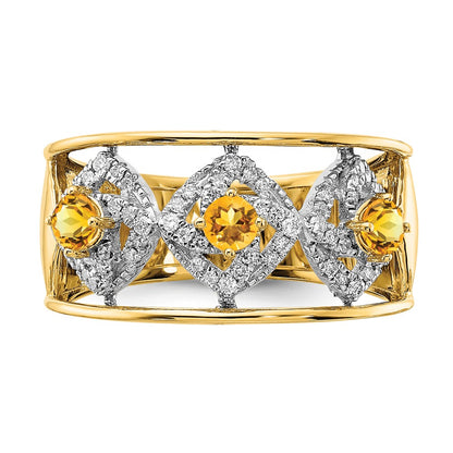 14K Yellow Gold Polished Real Diamond and Citrine Squares Ring