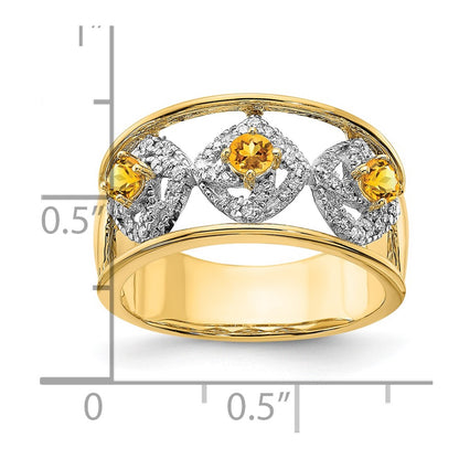 14K Yellow Gold Polished Real Diamond and Citrine Squares Ring
