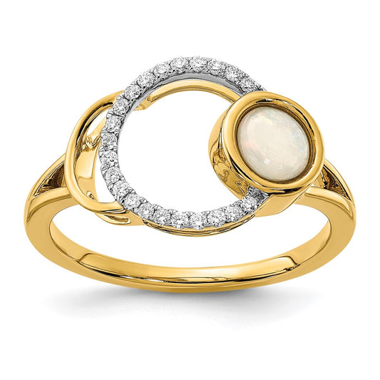 14K Yellow Gold Polished Real Diamond & Opal Circle Ring