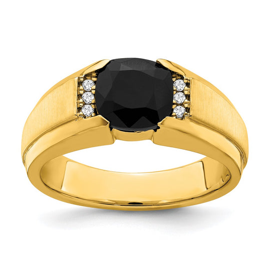 14K Yellow Gold Onyx and Real Diamond Mens Ring