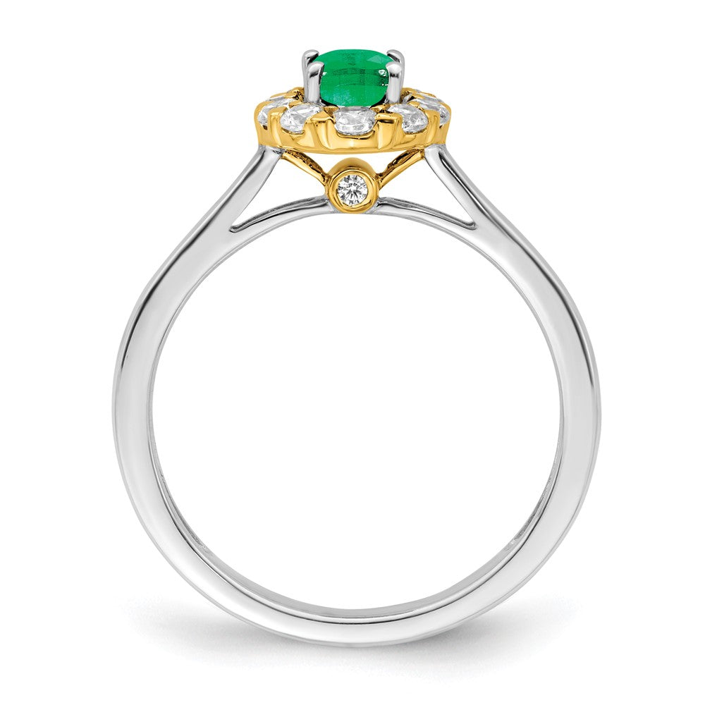 Solid 14k Two-tone Simulated Emerald and CZ Halo Ring
