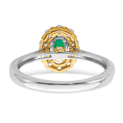 14k Two-Tone Gold Emerald and Real Diamond Halo Ring