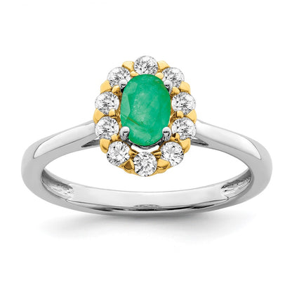 14k Two-Tone Gold Emerald and Real Diamond Halo Ring