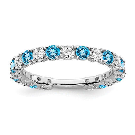 Solid 14k White Gold Simulated Blue Topaz and CZ Band