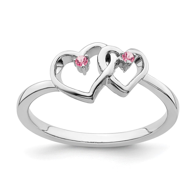 Solid 14k White Gold Simulated Pink Tourmaline Double Heart Ring