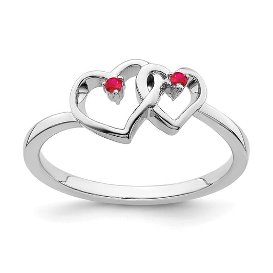 Solid 14k White Gold Simulated Ruby Double Heart Ring