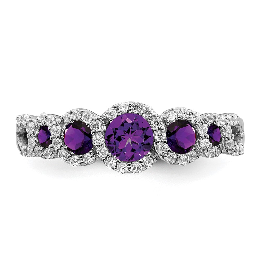 Solid 14k White Gold Simulated Amethyst and CZ Ring