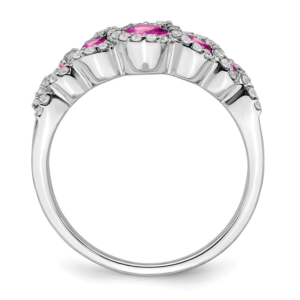 14k White Gold Created Pink Sapphire and Real Diamond Ring
