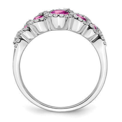14k White Gold Created Pink Sapphire and Real Diamond Ring