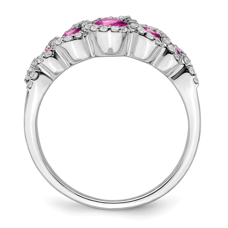 14k White Gold Created Pink Sapphire and Real Diamond Ring