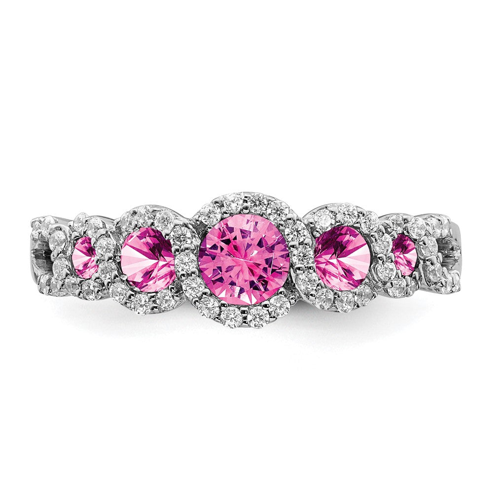 14k White Gold Created Pink Sapphire and Real Diamond Ring