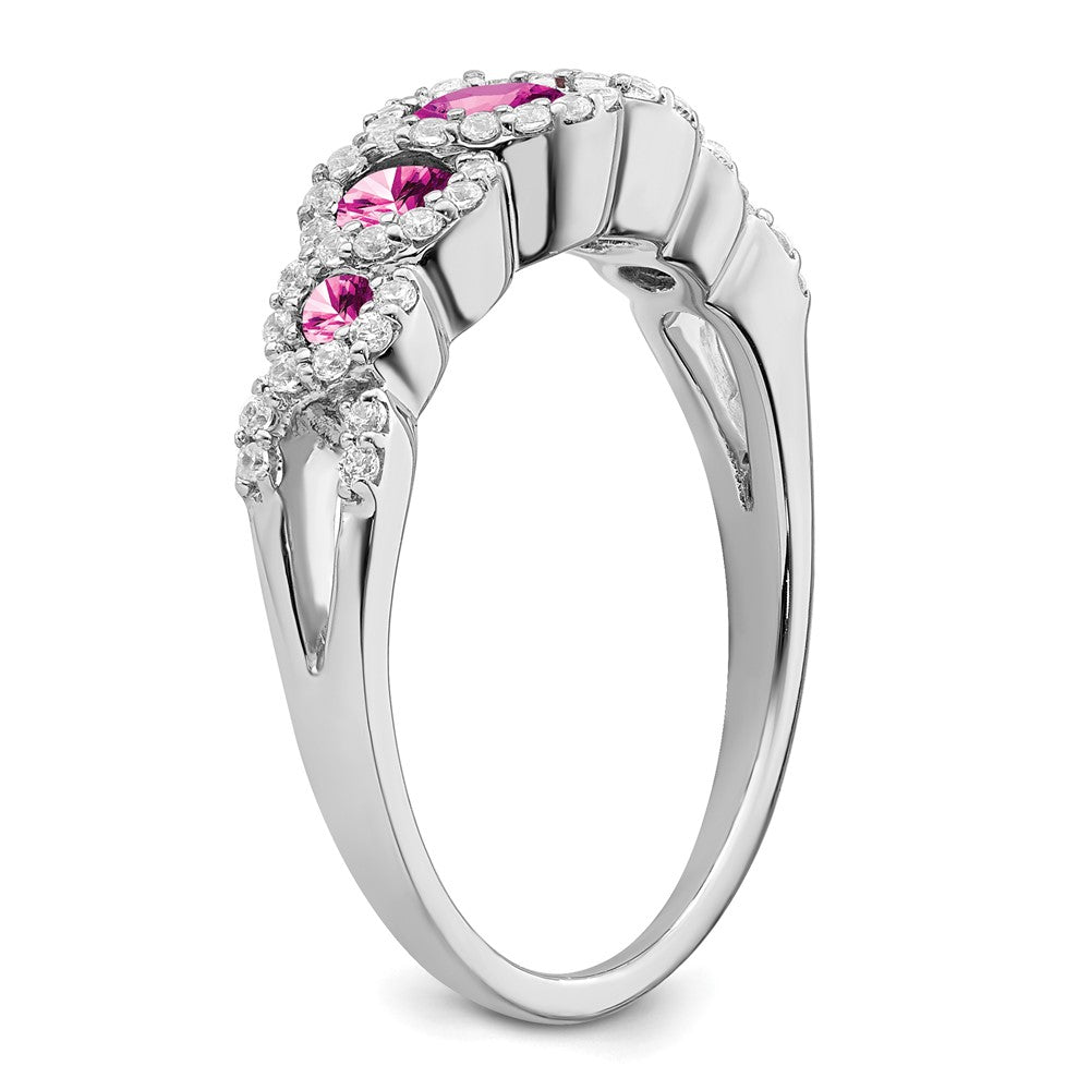 14k White Gold Created Pink Sapphire and Real Diamond Ring