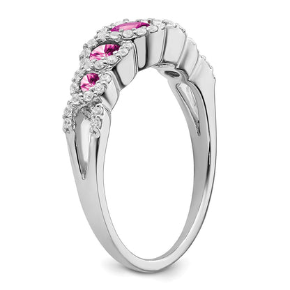 14k White Gold Created Pink Sapphire and Real Diamond Ring