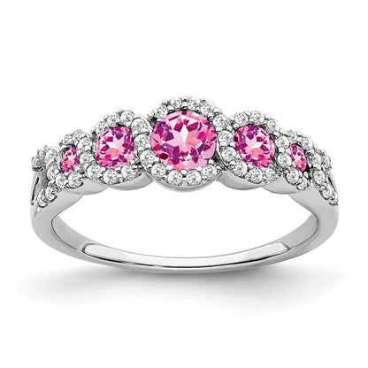 14k White Gold Created Pink Sapphire and Real Diamond Ring
