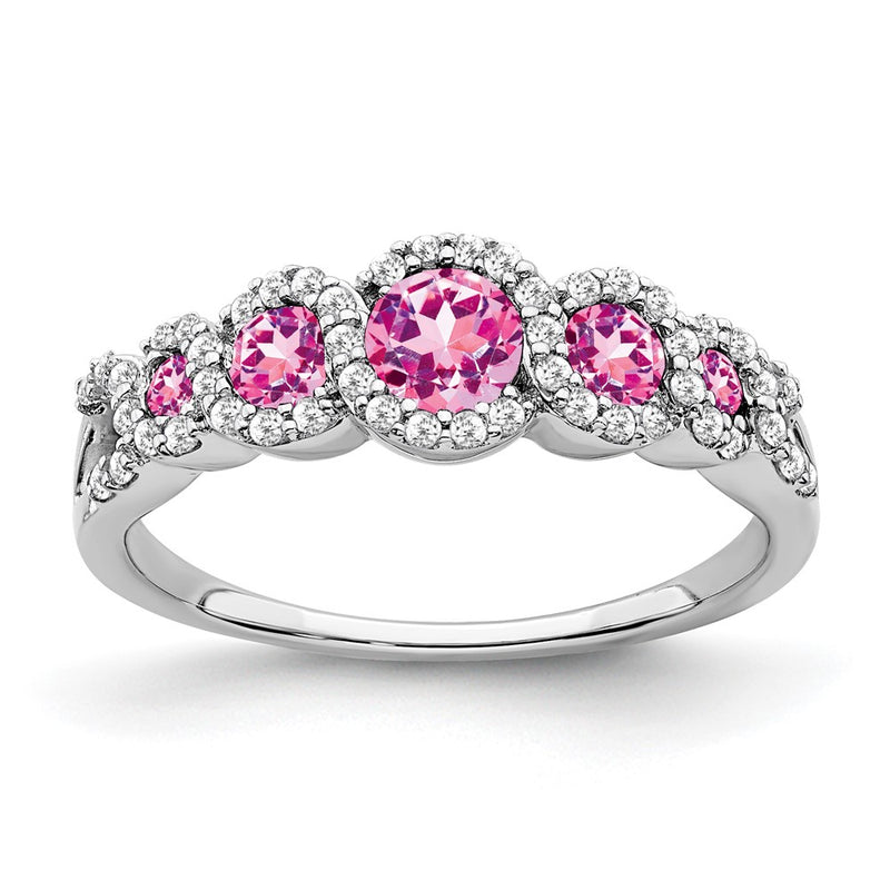 14k White Gold Created Pink Sapphire and Real Diamond Ring