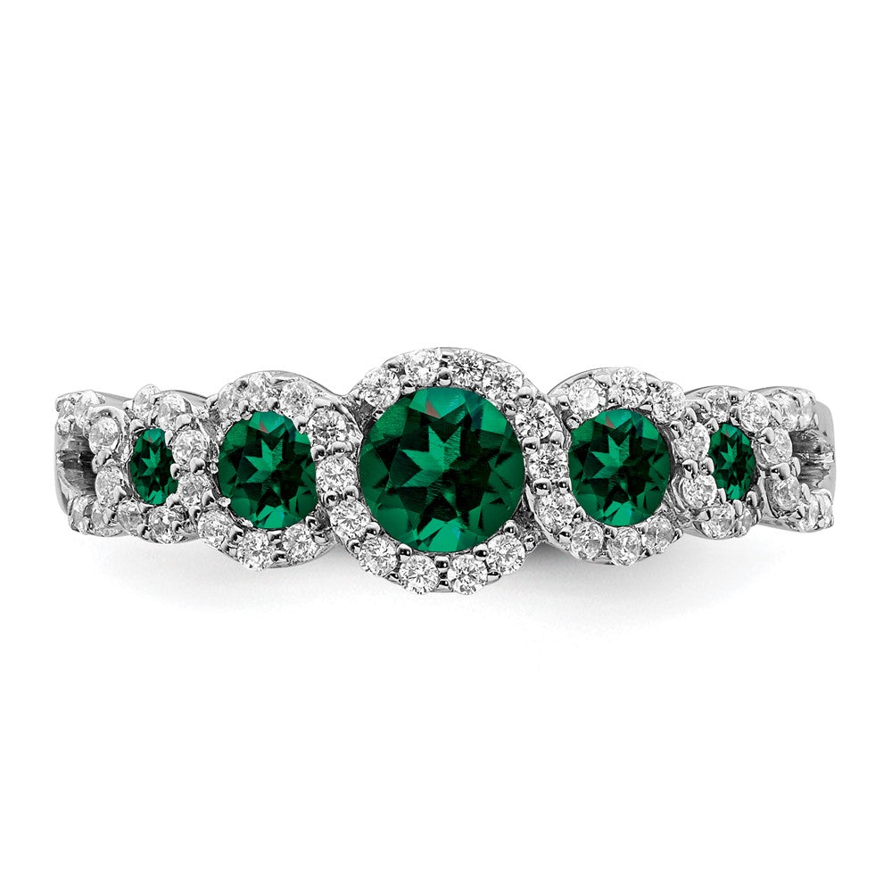 14k White Gold Created Emerald and Real Diamond Ring