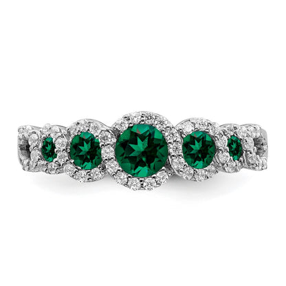 14k White Gold Created Emerald and Real Diamond Ring