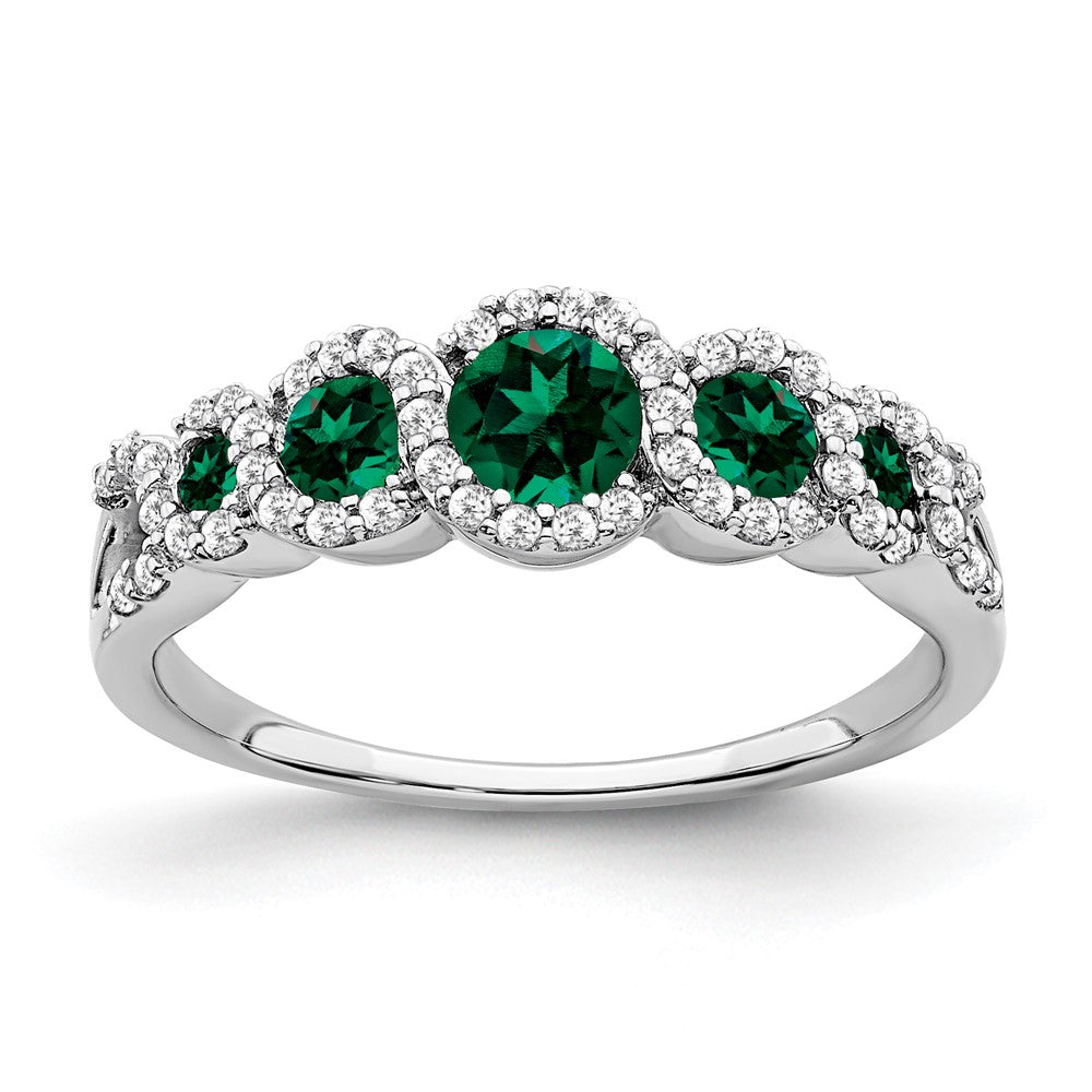 14k White Gold Created Emerald and Real Diamond Ring