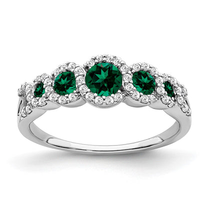 14k White Gold Created Emerald and Real Diamond Ring