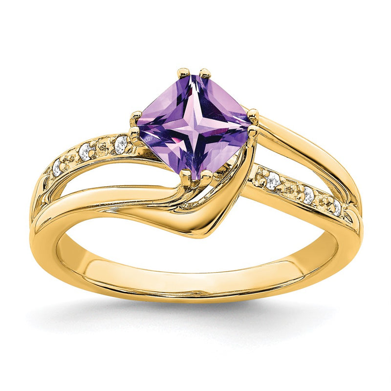 14K Yellow Gold Amethyst and Real Diamond Ring