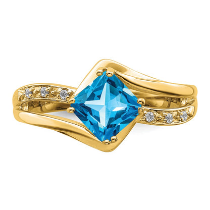 14K Yellow Gold Blue Topaz and Real Diamond Ring