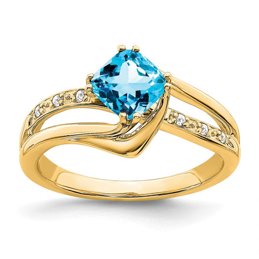 14K Yellow Gold Blue Topaz and Real Diamond Ring