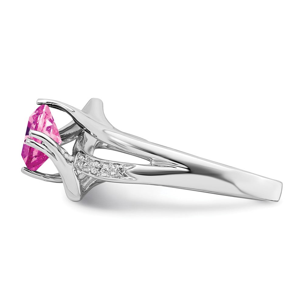 14k White Gold Created Pink Sapphire and Real Diamond Ring