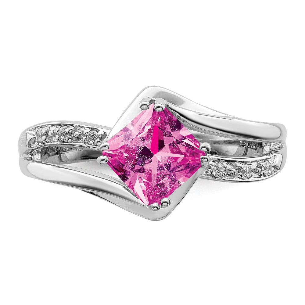14k White Gold Created Pink Sapphire and Real Diamond Ring