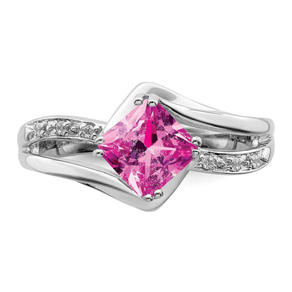 14k White Gold Created Pink Sapphire and Real Diamond Ring