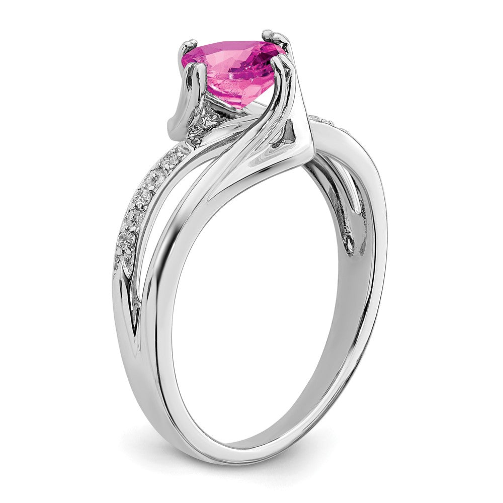 14k White Gold Created Pink Sapphire and Real Diamond Ring