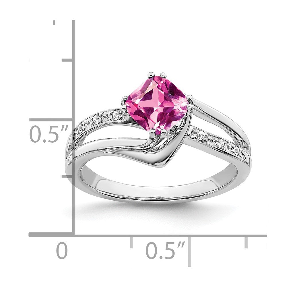 14k White Gold Created Pink Sapphire and Real Diamond Ring