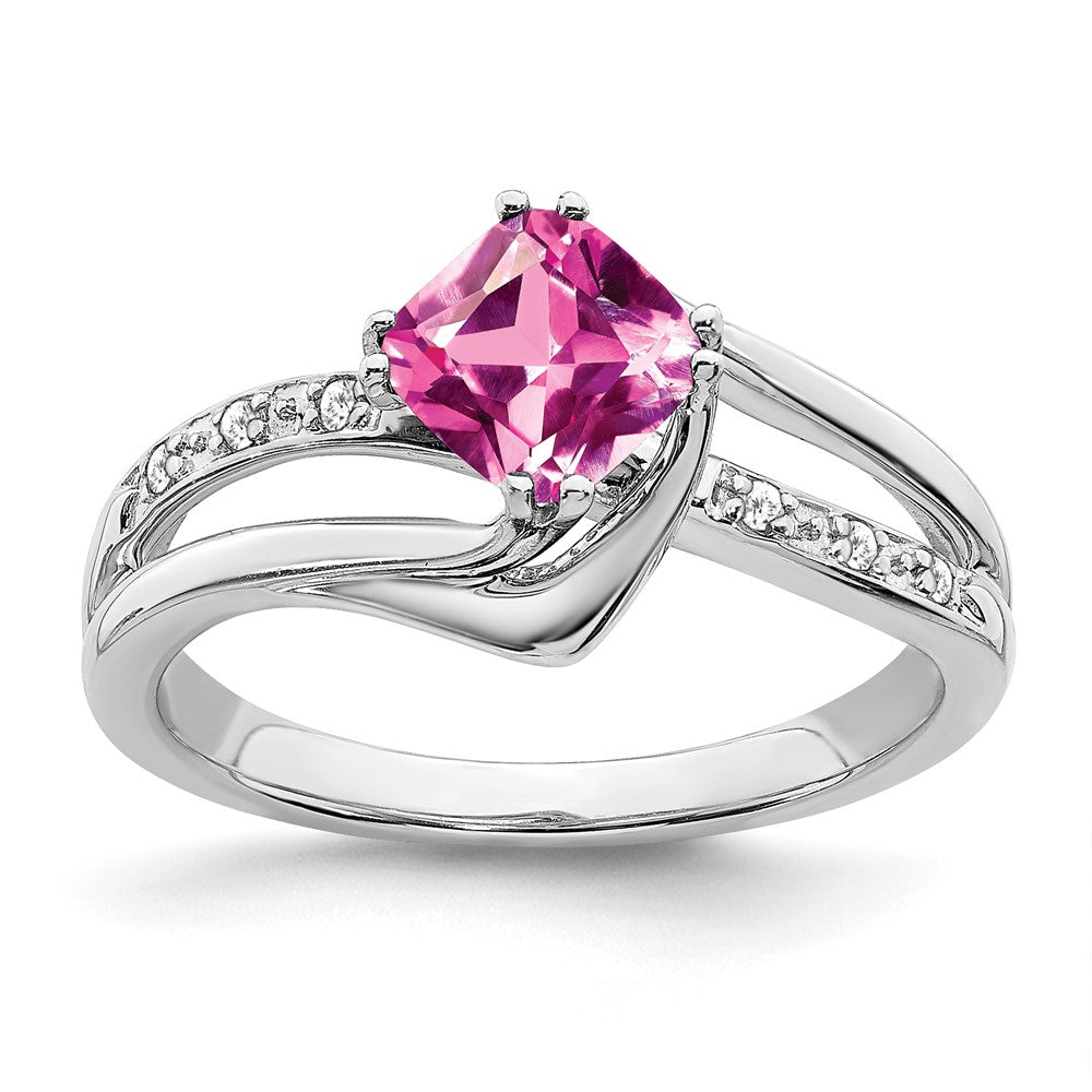 14k White Gold Created Pink Sapphire and Real Diamond Ring
