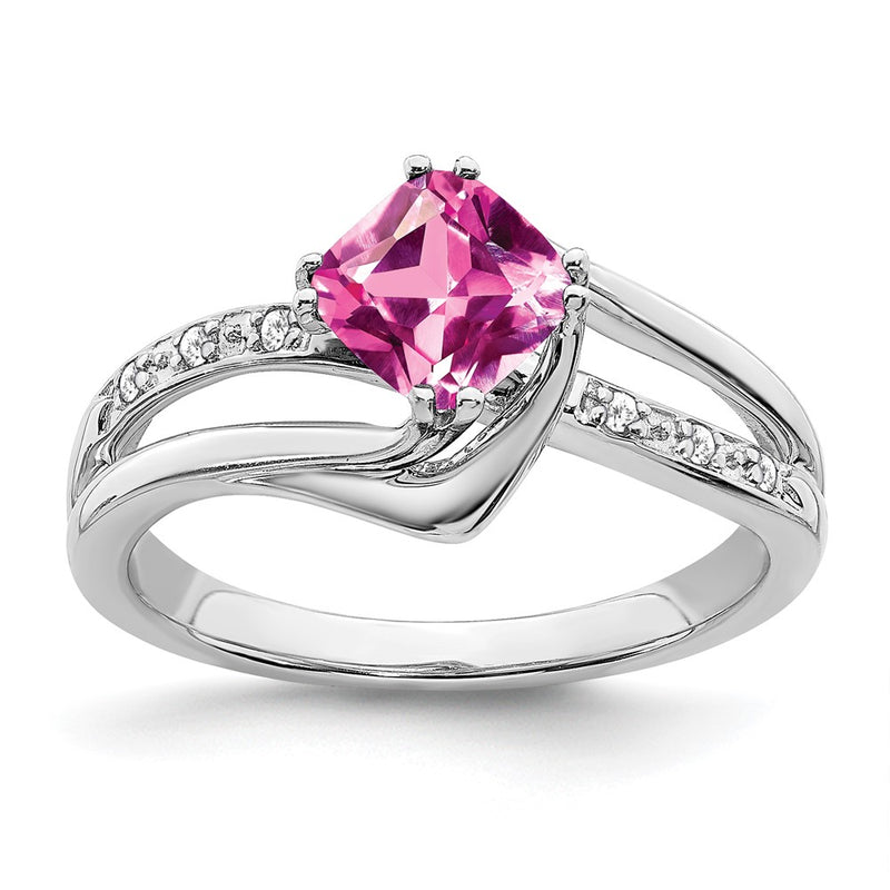 14k White Gold Created Pink Sapphire and Real Diamond Ring