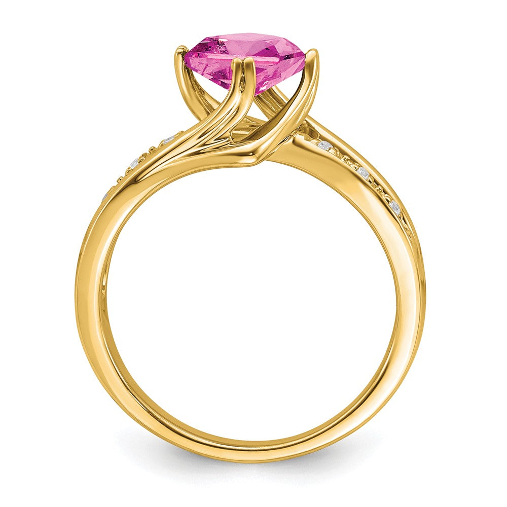 14K Yellow Gold Created Pink Sapphire and Real Diamond Ring