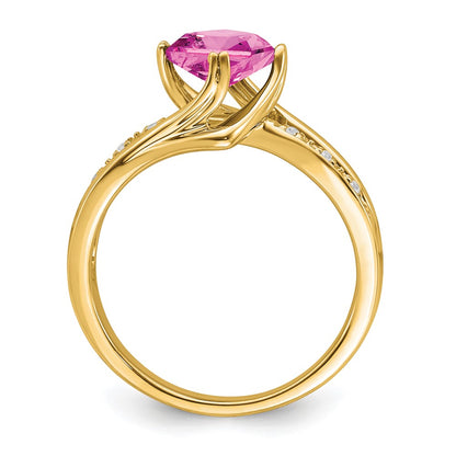 14K Yellow Gold Created Pink Sapphire and Real Diamond Ring