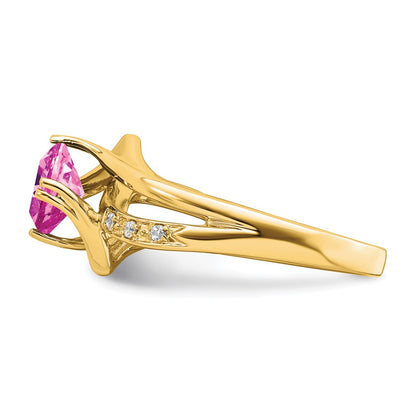 14K Yellow Gold Created Pink Sapphire and Real Diamond Ring
