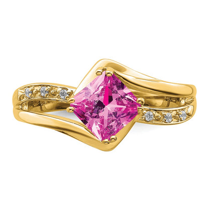 14K Yellow Gold Created Pink Sapphire and Real Diamond Ring